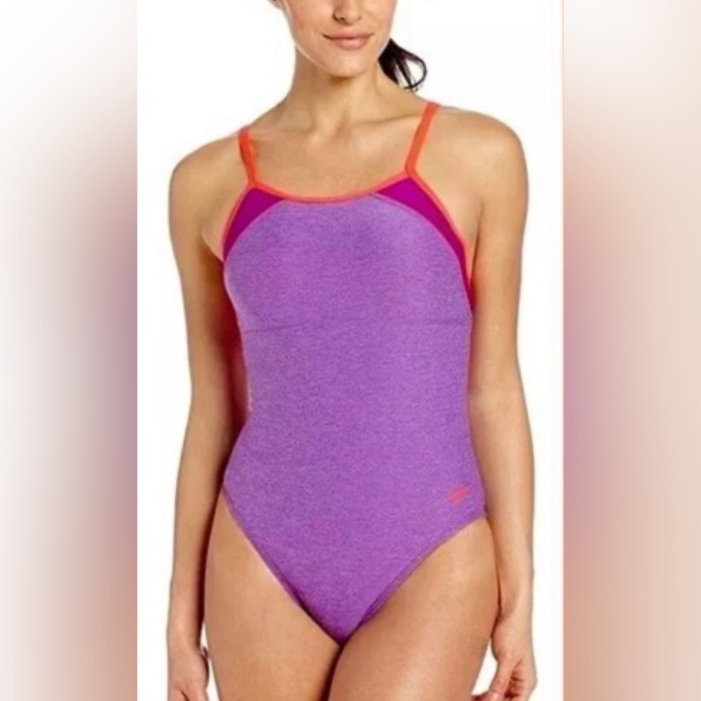 NEW NWT Speedo Fitness Clip Back One Piece swimsuit in heathered purple 12